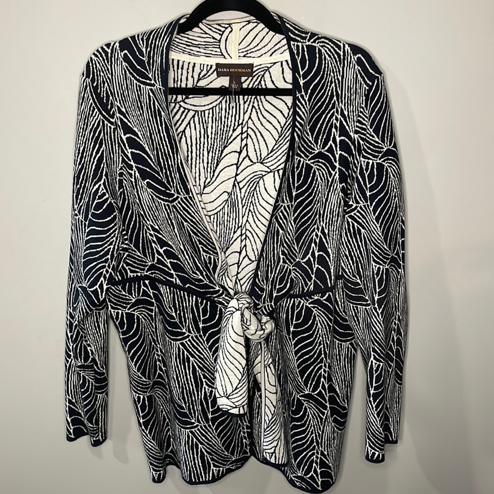 Dana Buchman Navy and White Tie-Front Cardigan Sweater
